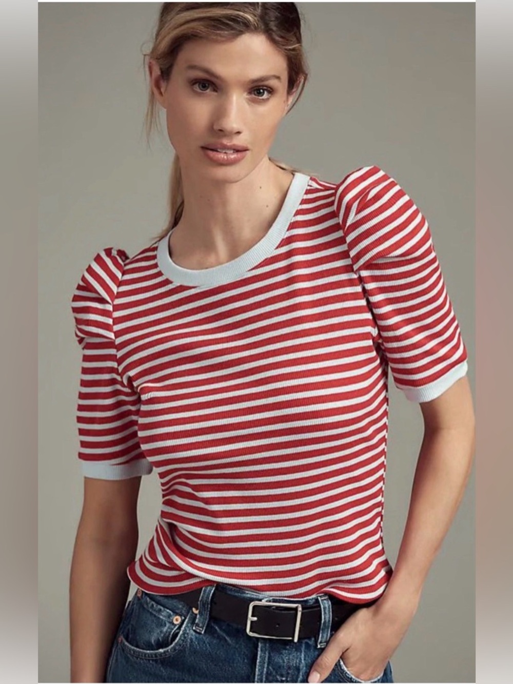 Maeve Striped Red & White Puff Sleeve Knit Top